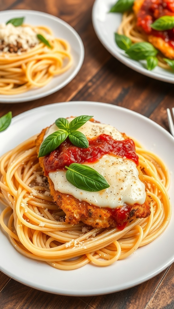 A delicious chicken parmesan with marinara sauce and melted cheese, garnished with basil, served with spaghetti.